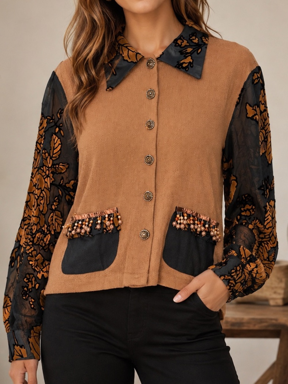 VTG Lauren G Dallas Texas L Silk Blend Sheer Velvet Embroidered Burnout Blouse